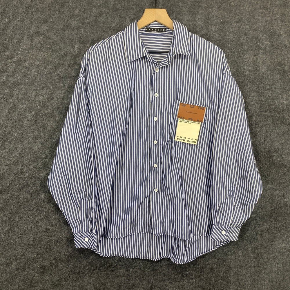 SUMWON Blue White Striped Oversized Button Down Shirt XS Graphic Patch Long Slv